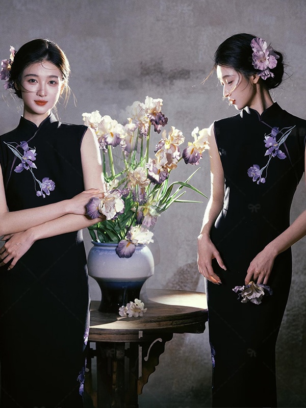 Photography Young - ชุดเดรสปักลายสีดำสไตล์จีนวินเทจแบบใหม่ รุ่นสำหรับวัยรุ่น ทรงเข้ารูป ให้ความรู้สึกหรูหรา เหมาะสำหรับถ่ายภาพ สำหรับผู้หญิง